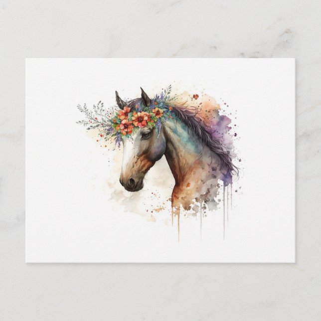 Carte Postale Cheval visage avec couronne de fleurs (Devant)