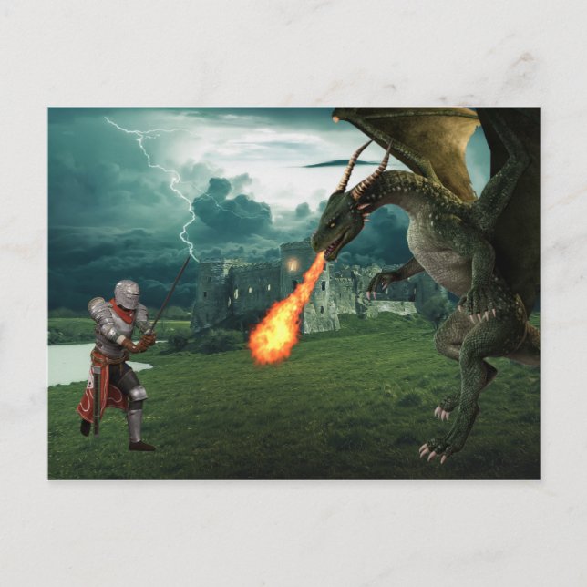 Carte Postale Chevalier médiéval Bataille de dragon (Devant)