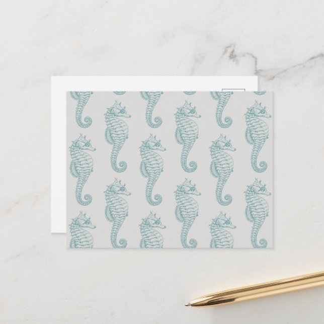Carte Postale Chevaux de mer tropicaux, Motif hippocampe - gris  (Devant/Arrière en situation)