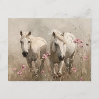 Chevaux gris Fleurs roses Peinture à l'huile