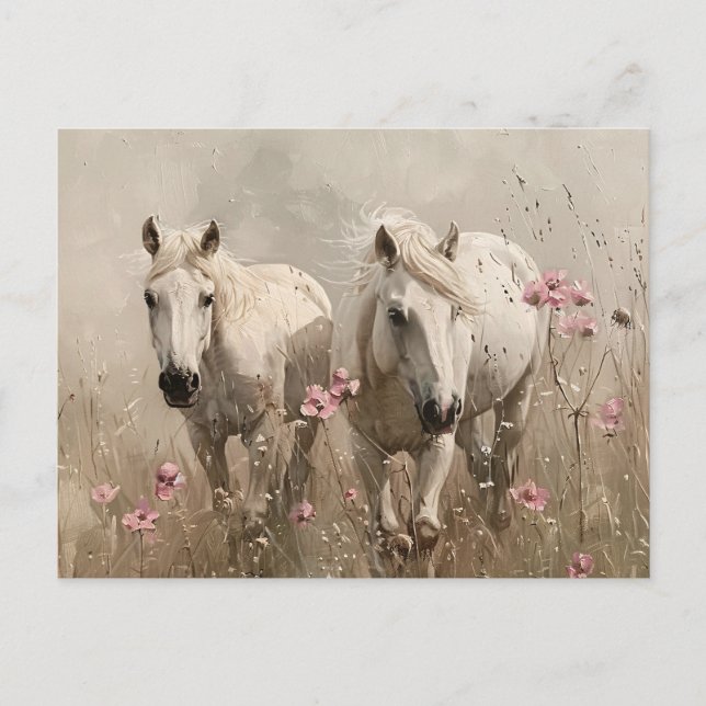 Carte Postale Chevaux gris Fleurs roses Peinture à l'huile (Devant)