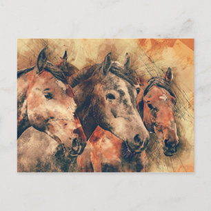 Carte Postale Chevaux Peinture d'aquarelle artistique