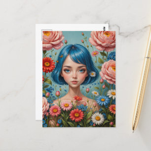 Carte Postale Cheveux bleu et fleurs