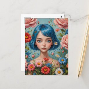 Carte Postale Cheveux bleu et fleurs