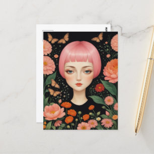 Carte Postale Cheveux roses et fleurs