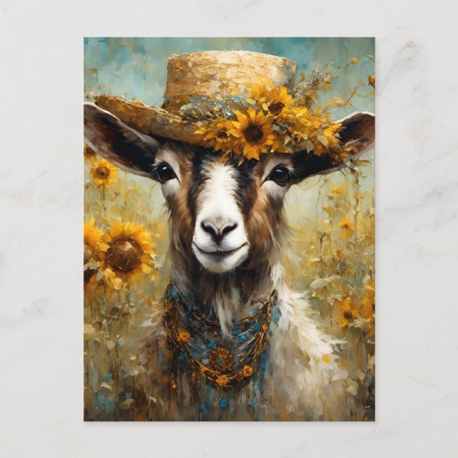 Carte Postale Chèvre adorable dans un champ de tournesol (Devant)