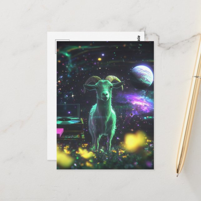 Carte Postale Chèvre dans l'espace Fantastique (Devant/Arrière en situation)
