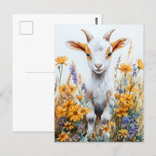 Carte Postale Chèvre de printemps Kid Jaune Fleurs sauvages