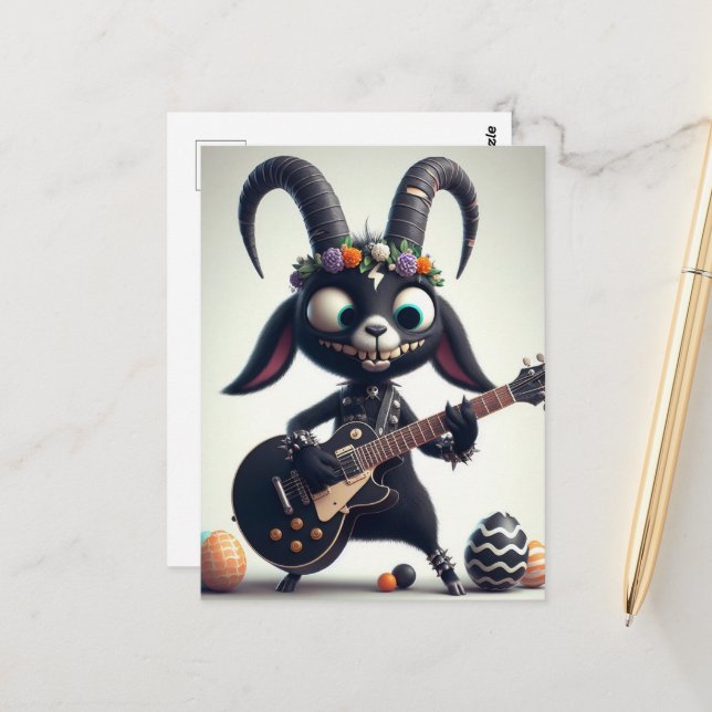 Carte Postale Chèvre Noire Jouant Guitare Joyeux Pâques (Devant/Arrière en situation)