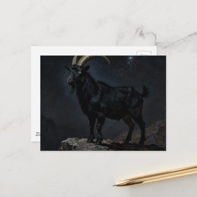 Carte Postale Chèvre noire la nuit (Devant/Arrière en situation)
