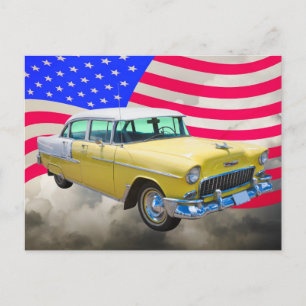Carte Postale Chevrolet Bel Air 1955 Avec Drapeau Américain