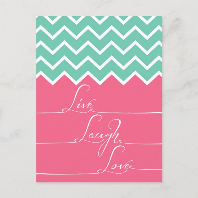 Carte Postale chevron rose et vert/live, rire, amour (Devant)