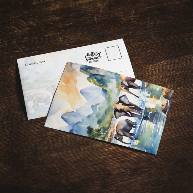 Carte postale Chiang Mai Thaïlande Elephants Aquar (Créateur téléchargé)