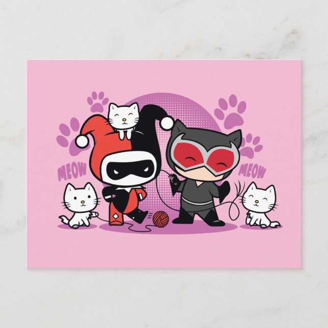 Carte Postale Chibi Harley Quinn & Chibi Catwoman Avec Chats (Devant)