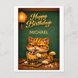 Carte Postale Chibi Neko Chat Tigre Boba Bubble Tea Anniversaire