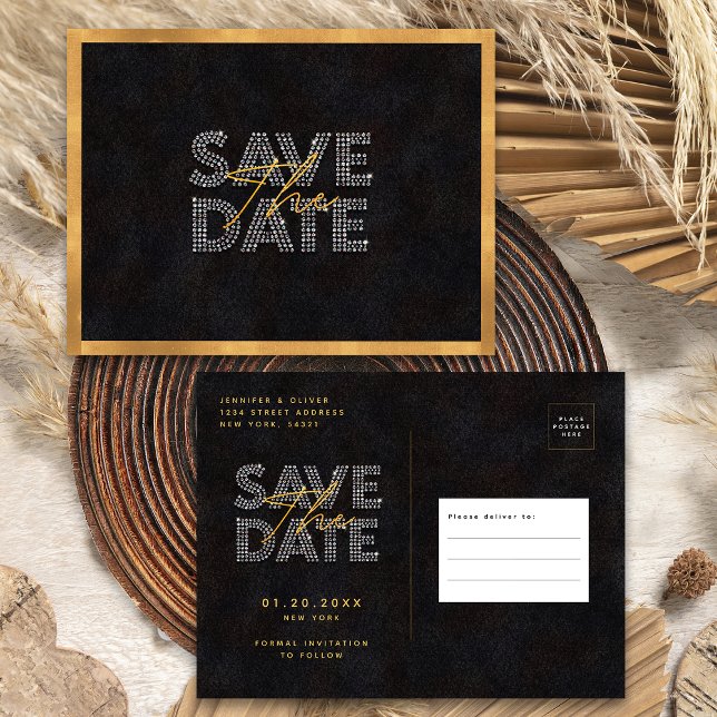 Carte Postale Chic Black Gold Luxurieux Mariage Enregistrer La D (Front / Back)