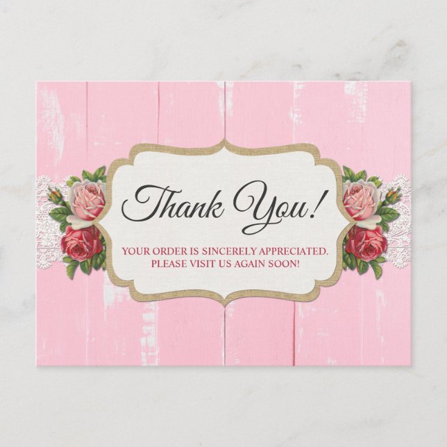Carte Postale Chic Chic Bois Rustique Rose Rose Floral Merci (Devant)