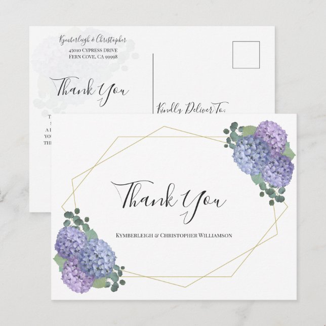 Carte Postale Chic Dusty Blue Floral Géométrique Mariage Remerci (Devant / Derrière)