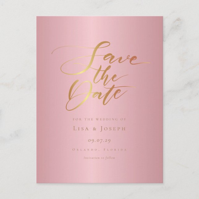 Carte Postale Chic Elegant Rose Gold Script Enregistrer la date (Devant)