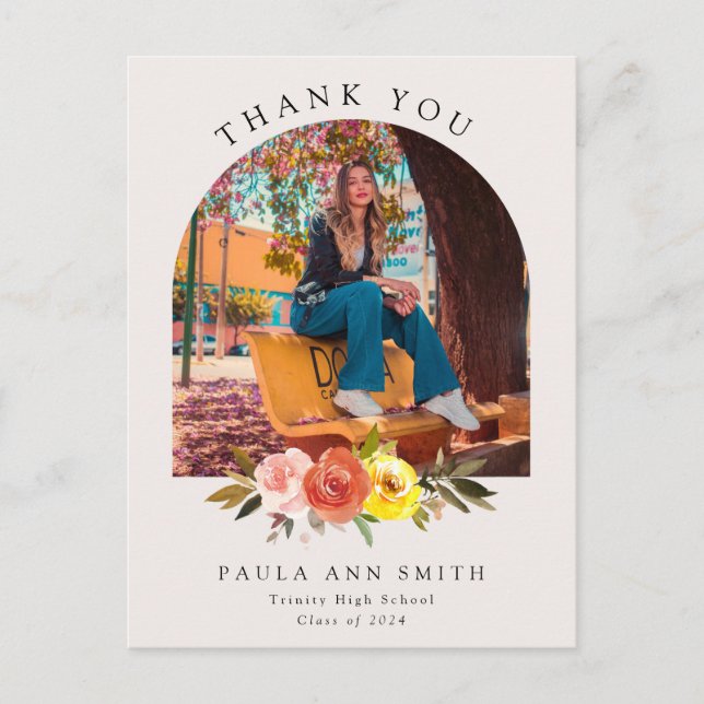 Carte Postale Chic Floral Arch Photo Graduation Merci (Devant)