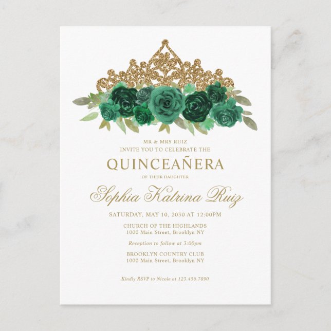 Carte Postale Chic Floral Emerald Green Gold Tiara Quinceañera (Devant)