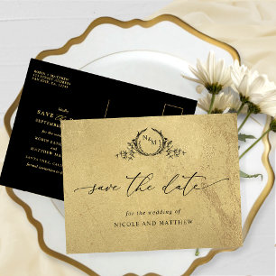 Carte Postale Chic Gold et Noir Monogramme Mariage Enregistrer l