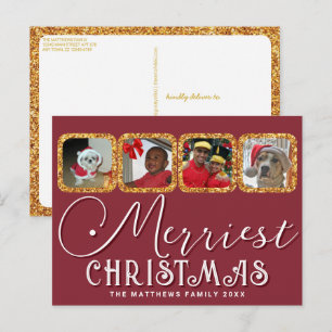 Carte Postale Chic Holiday Photo Script Gold Red Christmas