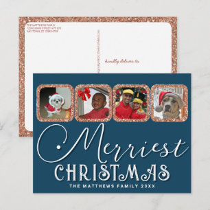 Carte Postale Chic Holiday Script photo Rose or bleu Noël