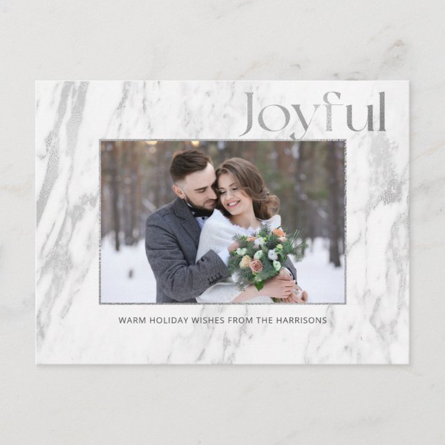 Carte Postale Chic Marbre Argent Joyeuse Typographie Photo (Devant)