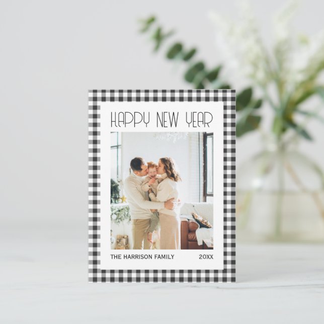 Carte Postale Chic Retro Noir En vichy Plaid Nouvel An Photo (Debout devant)