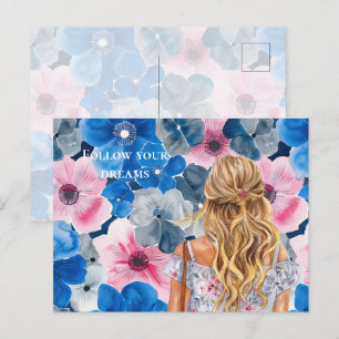 Carte Postale Chic Rose Bleu Été Floral Blond Fille