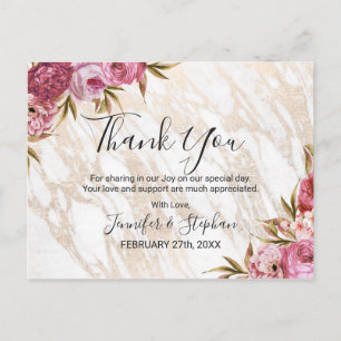 Carte Postale Chic rose floral Merci de marbre or