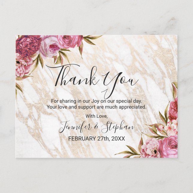 Carte Postale Chic rose floral Merci de marbre or (Devant)