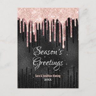 Carte Postale Chic rose rougir gouttes noires Nouvel An Noël