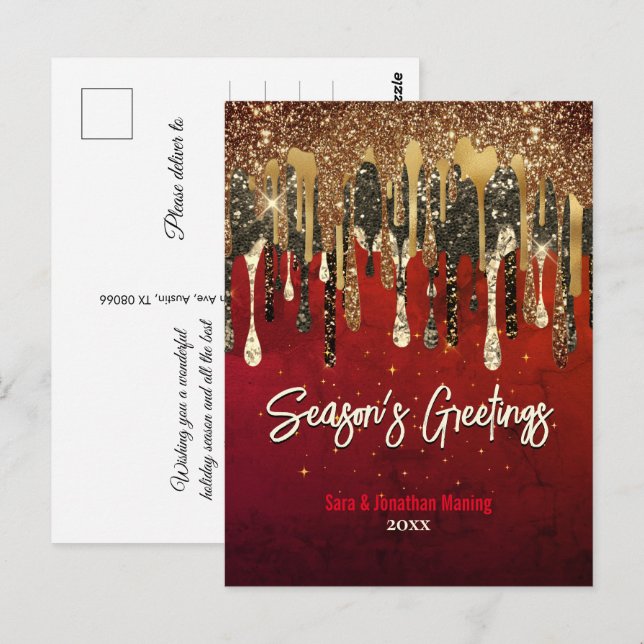 Carte Postale Chic rouge or parties scintillant gouttes Noël Nou (Devant / Derrière)