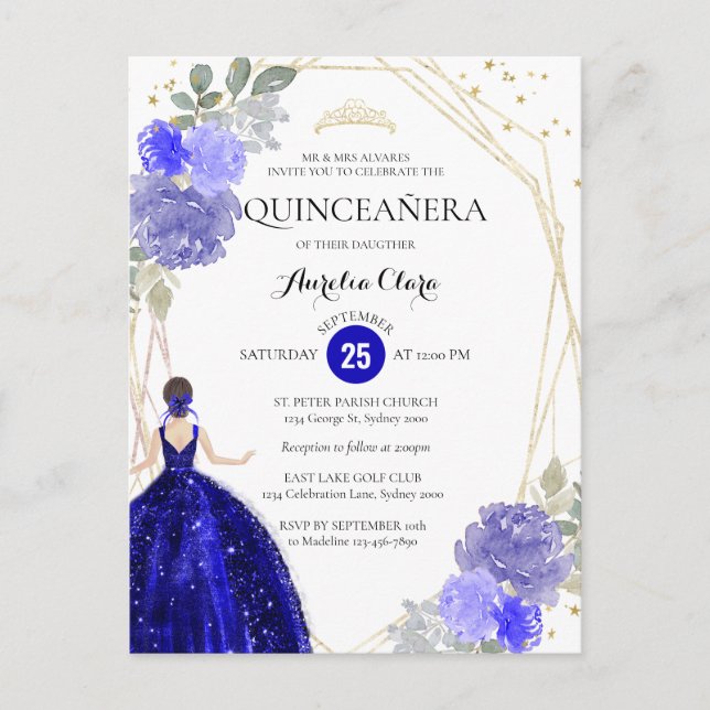Carte Postale Chic Royal Bleu Floral Géométrique Quinceañera Inv (Devant)