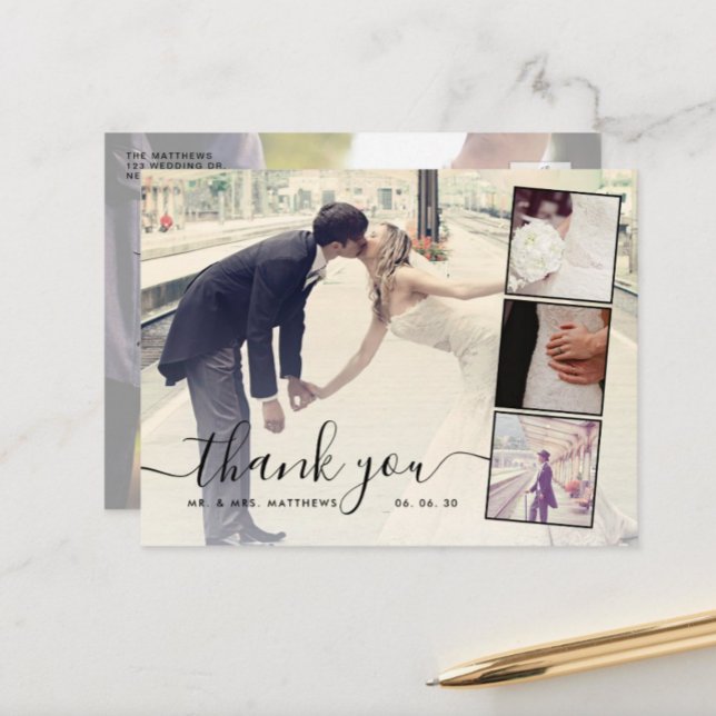 Carte Postale Chic Script 4 Photo Collage Mariage Merci (Créateur téléchargé)