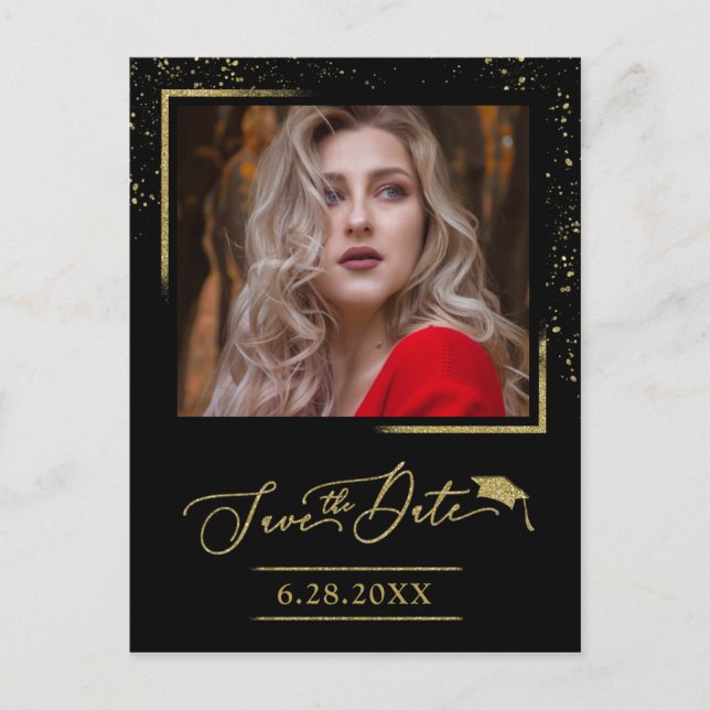 Carte Postale Chic Script Grad Party Enregistrer La Date Gold Pa (Devant)