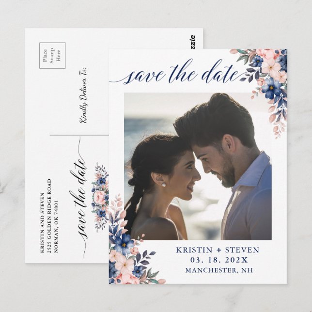 Carte Postale Chic Script Navy Peach Floral Photo Enregistrer la (Devant / Derrière)