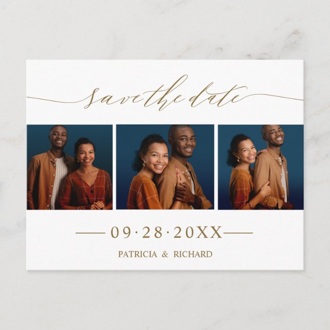 Carte Postale Chic Script Wedding Enregistrer La Date 3 Photo Co (Devant)