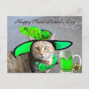 CARTE POSTALE CHIC ST.PATRICK'S DAY CAT, ROSES VERTS, BIÈRE IRLA