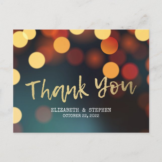 Carte Postale Chic Turquoise Gold Bokeh éclaire Mariage Merci (Devant)