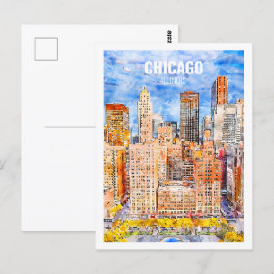Carte Postale Chicago Illinois Fameux Voyage Aquarelle Sketch