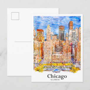 Carte Postale Chicago Illinois Voyage Aquarelle main tirée