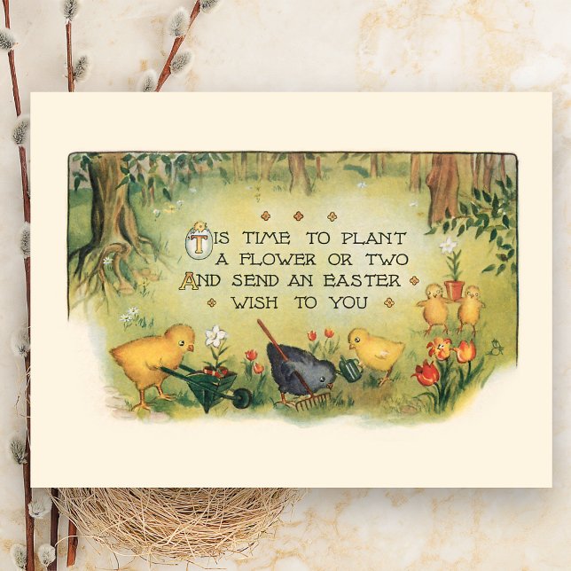 Carte Postale Chiches de Pâques Vintages et fleurs de printemps (Créateur téléchargé)