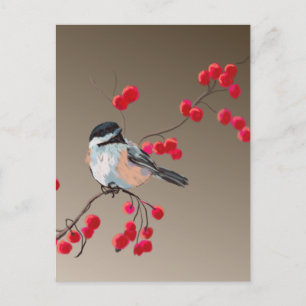 Carte Postale CHICKADEE & BERRIES ROUGES par SHARON SHARPE