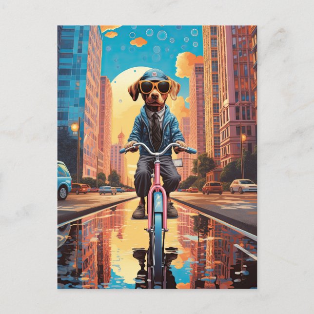 Carte Postale Chien à vélo en ville (Devant)