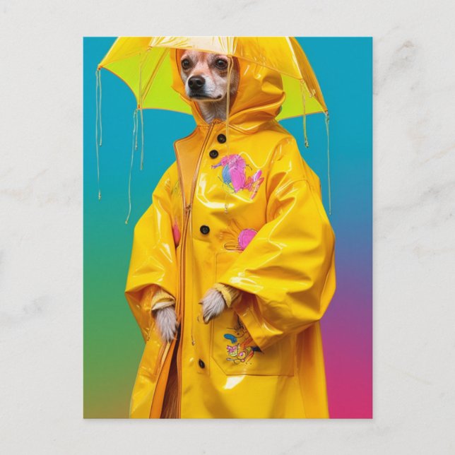 Carte Postale Chien adorable dans un imperméable jaune qui dégou (Devant)
