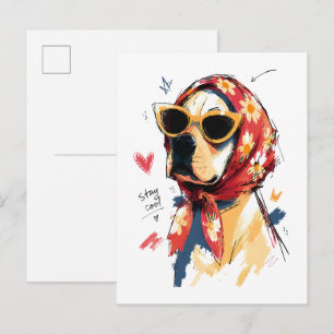 Carte Postale Chien au frais avec foulard floral et lunettes de