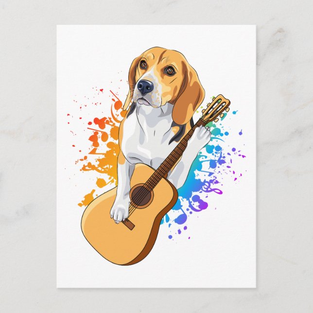 Carte Postale Chien Beagle jouant de la guitare acoustique (Devant)